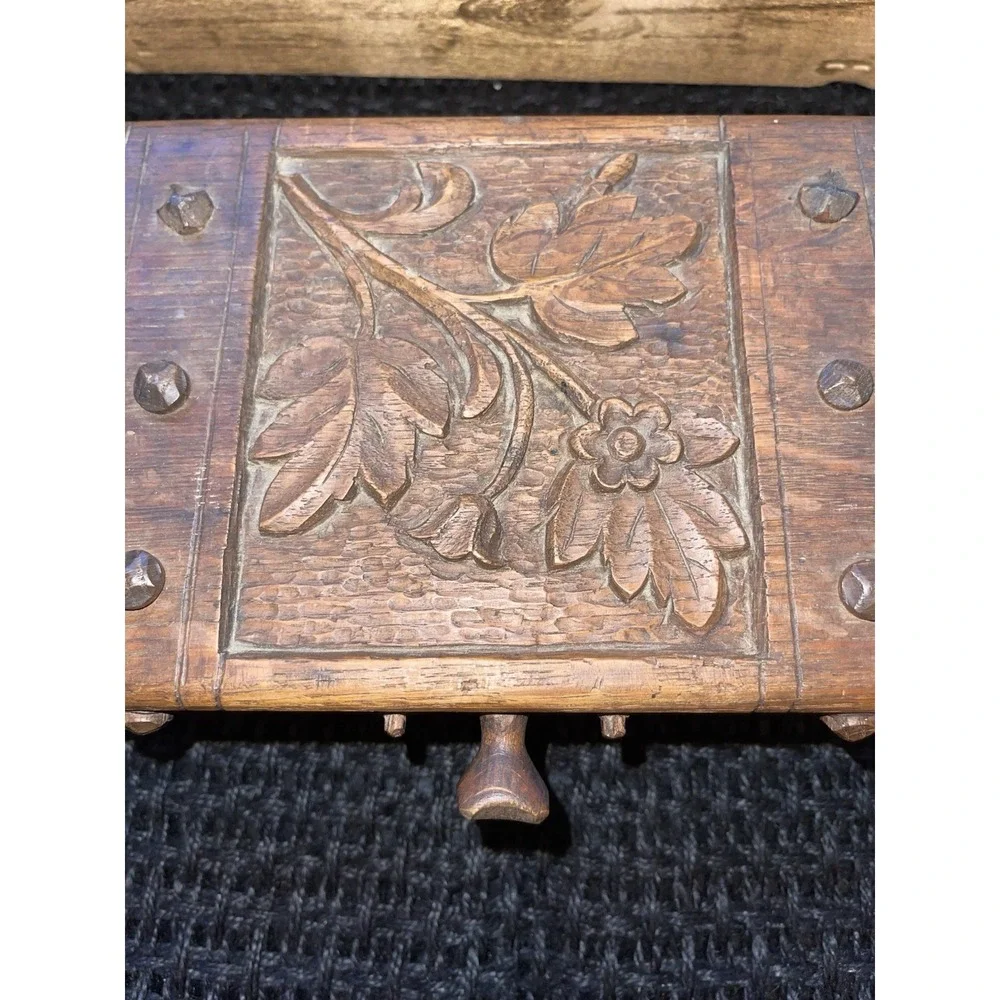 Vintage Handmade Carved Wood Box With Wrought Iron Knob Jewelry‎ Money Misc Box